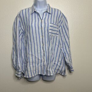 J Jill Shirt Womens Petite Medium Blue Striped Love Linen Button Long Sleeves